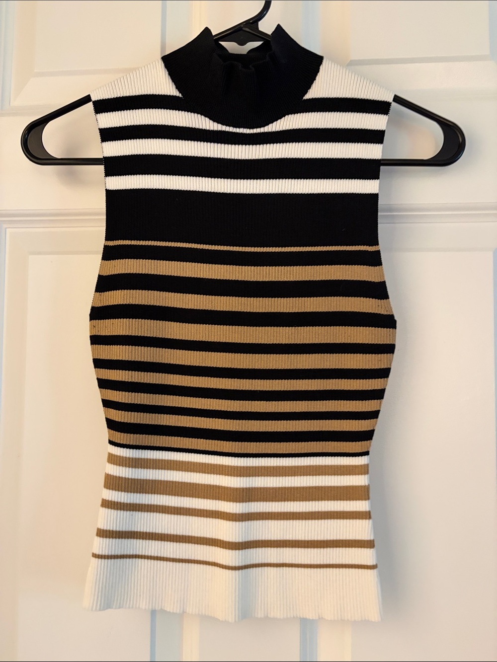 NWOT- Express Striped Sleeveless Mock Neck Tank in Black, White & Tan
